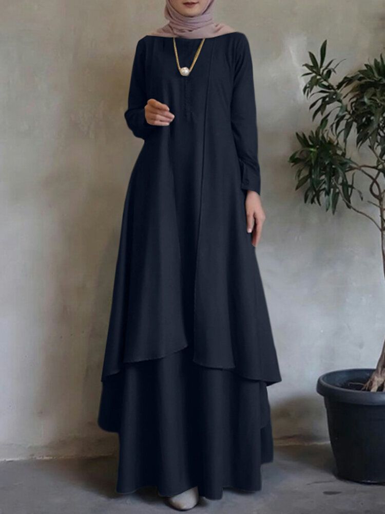 Solides Abaya-kaftan Mit O-ausschnitt Zweilagiges Design Böhmisches Kleid Für Frauen