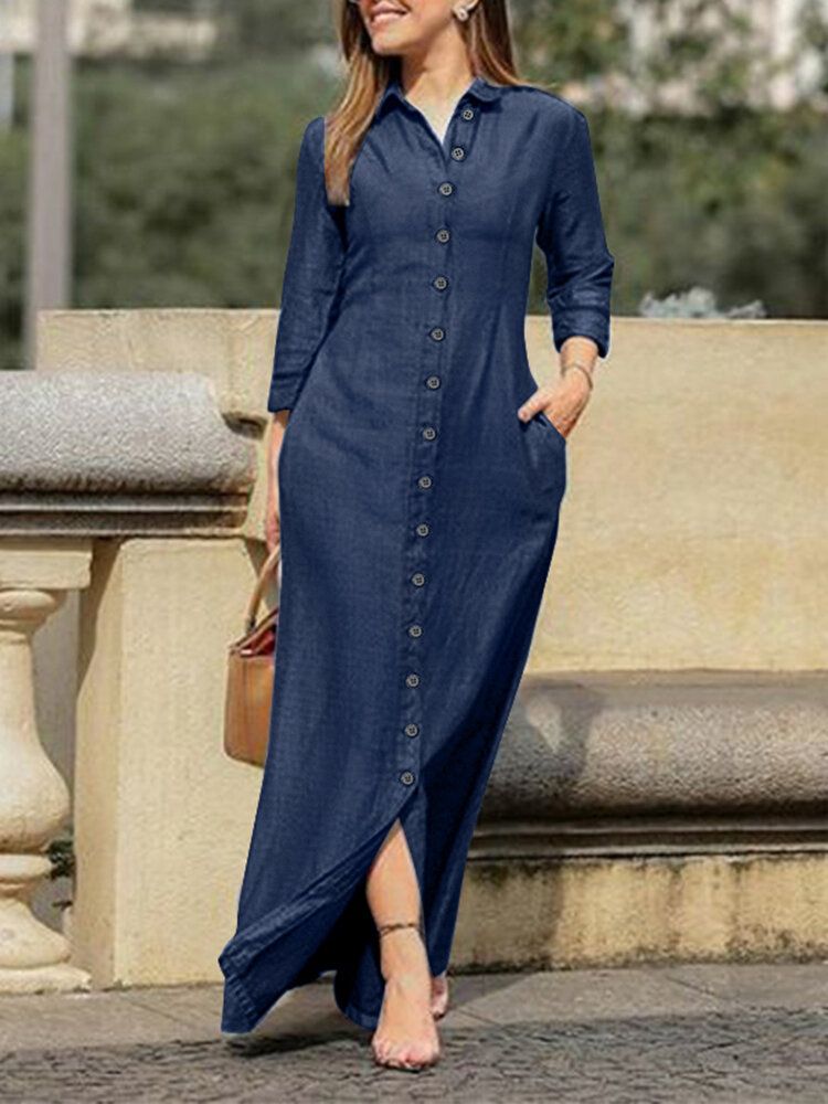 Solides Knöchellanges Jean-kleid Mit Langen Ärmeln Für Damen