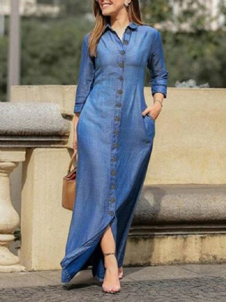 Solides Knöchellanges Jean-kleid Mit Langen Ärmeln Für Damen