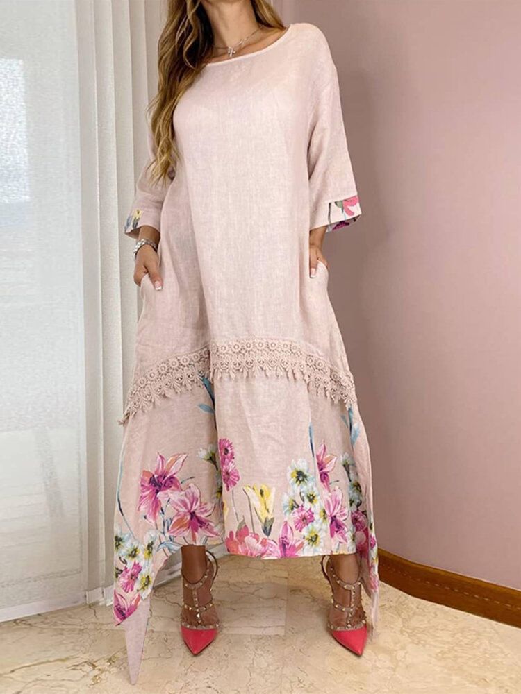 Solides Wadenlanges Plissiertes Damenkleid Mit Blumenmuster Für Die Tägliche Freizeit Und Den Urlaub