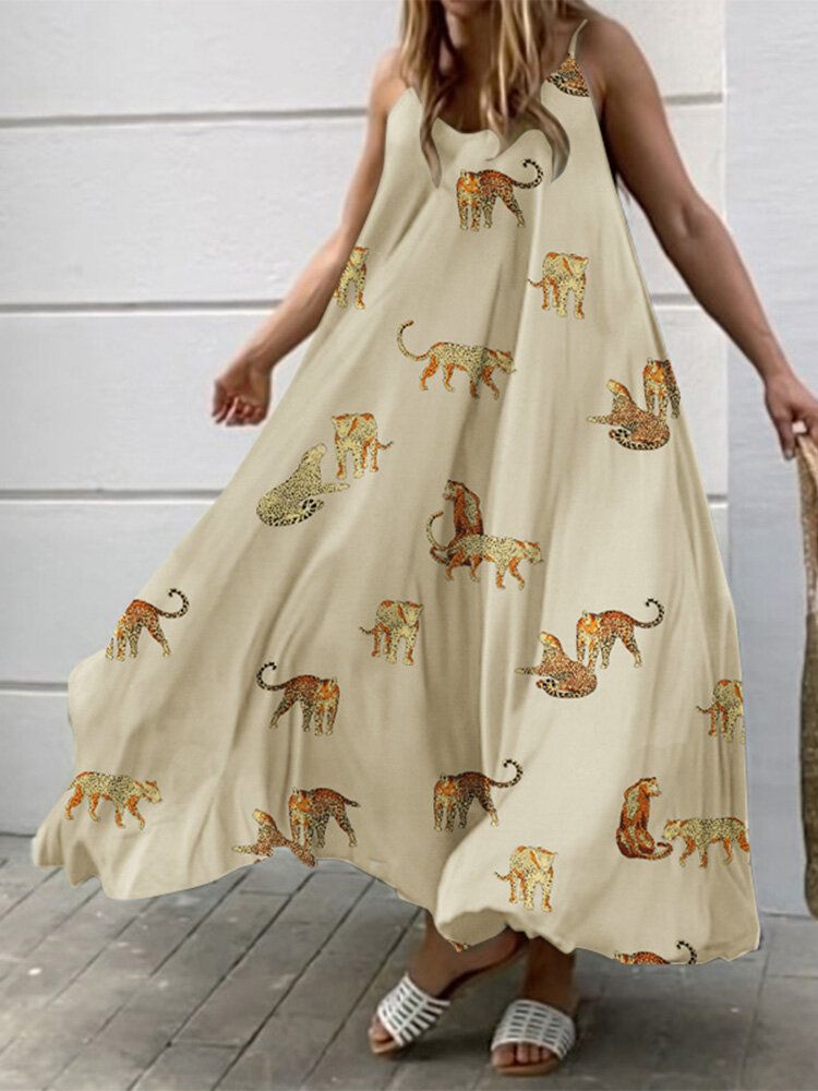 Verstellbarer Träger Mit Animal-print Rückenfreies Weites Swing-maxikleid