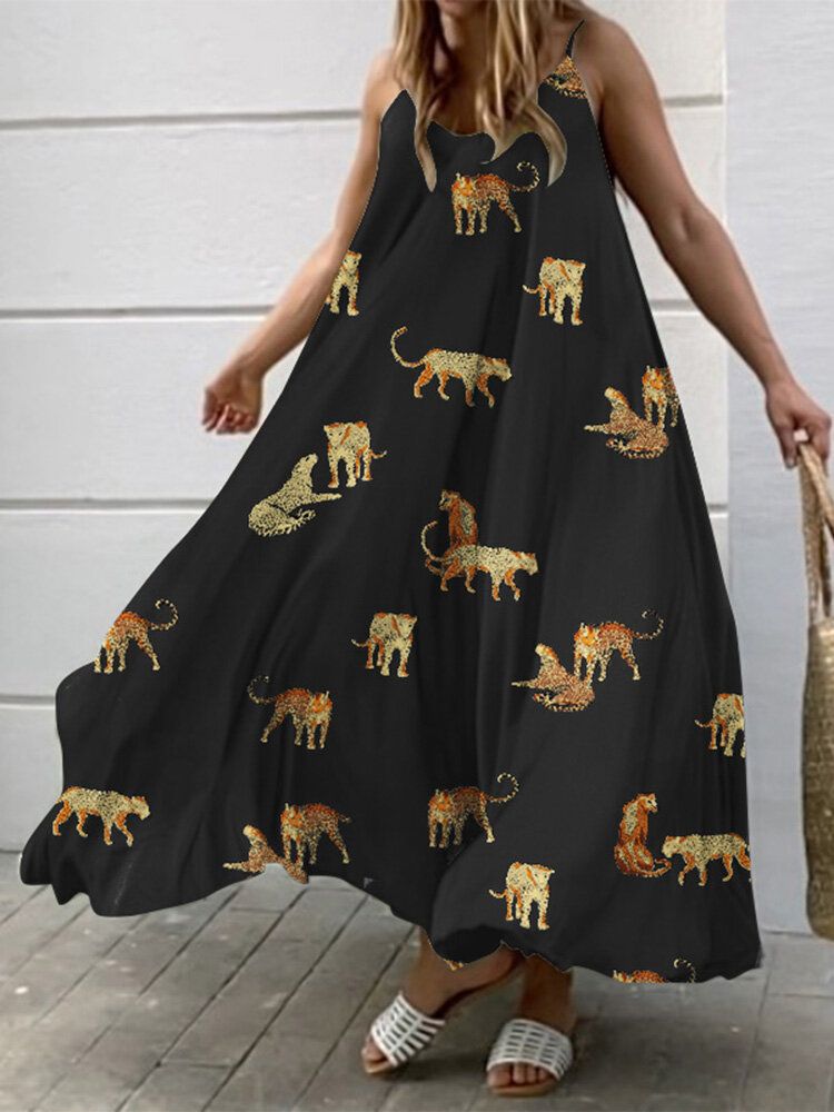 Verstellbarer Träger Mit Animal-print Rückenfreies Weites Swing-maxikleid