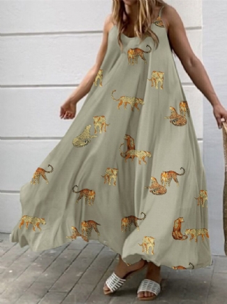 Verstellbarer Träger Mit Animal-print Rückenfreies Weites Swing-maxikleid