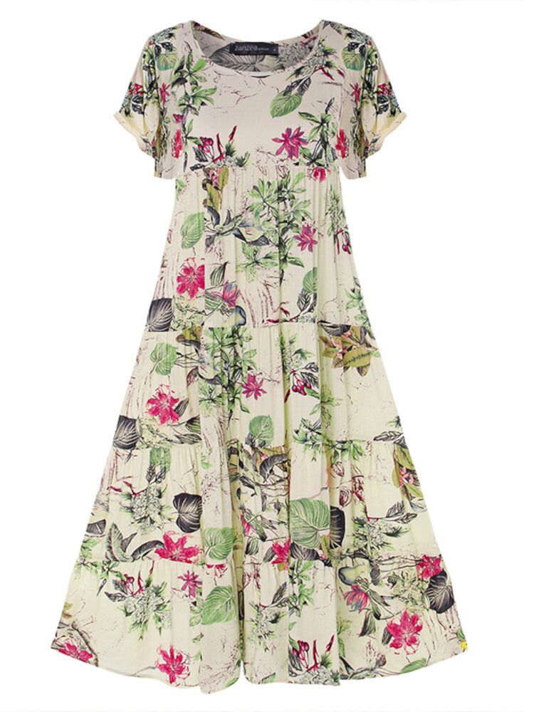 Vintage Floral Leaves Print O-ausschnitt Kurzarm Böhmen Plissee Maxikleid