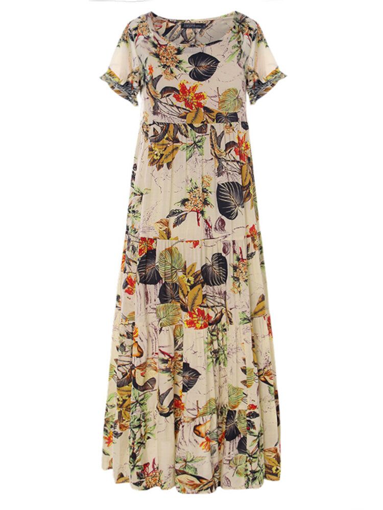 Vintage Floral Leaves Print O-ausschnitt Kurzarm Böhmen Plissee Maxikleid