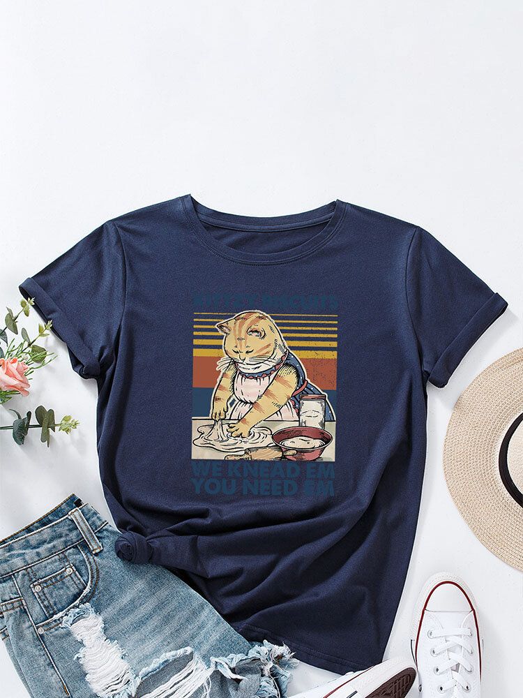 Cartoon-katzen-buchstaben-druck-oansatz-frauen-beiläufiges T-shirt