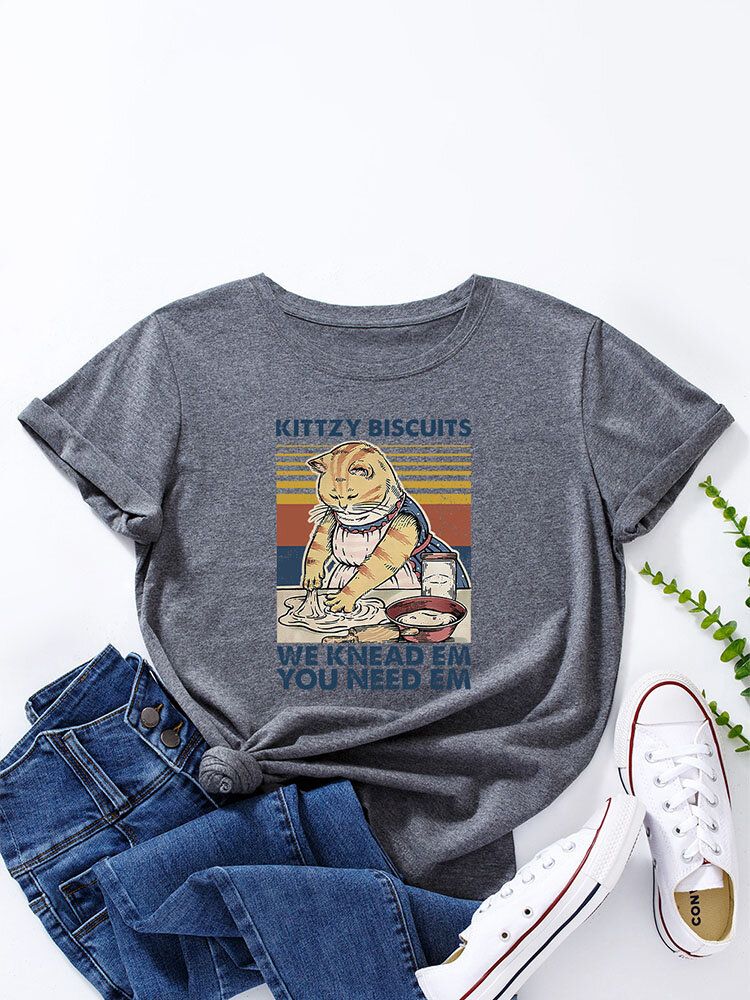 Cartoon-katzen-buchstaben-druck-oansatz-frauen-beiläufiges T-shirt