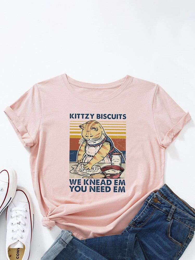 Cartoon-katzen-buchstaben-druck-oansatz-frauen-beiläufiges T-shirt