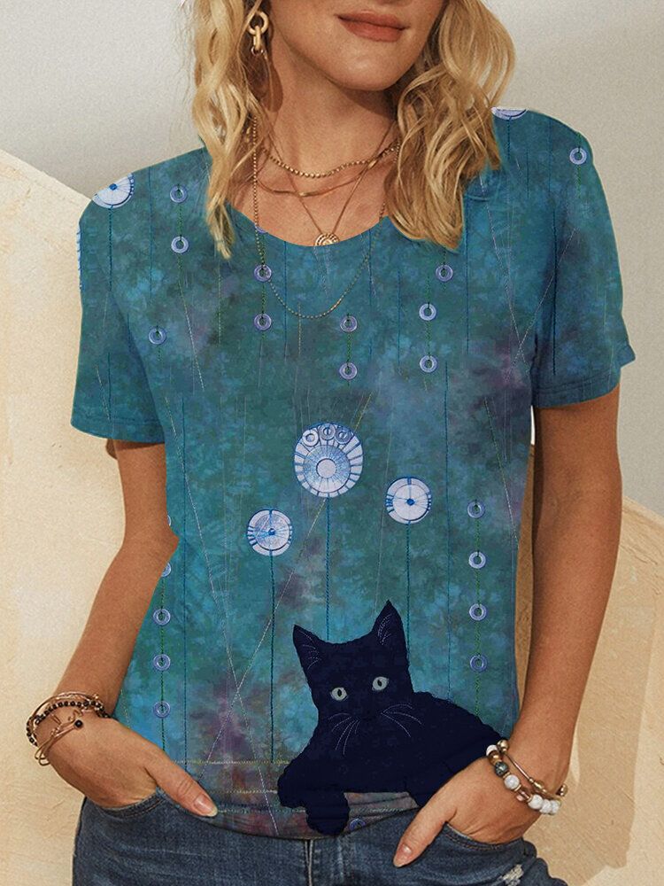 Casual Cartoon Cat Print Rundhals Kurzarm T-shirt Für Damen