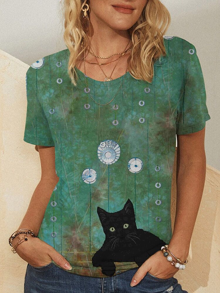 Casual Cartoon Cat Print Rundhals Kurzarm T-shirt Für Damen