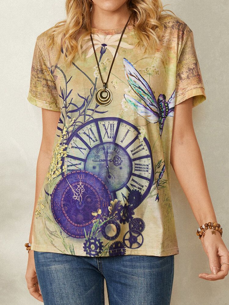 Clock Dragonfly Print Kurzarm O-ausschnitt Casual Vintage T-shirt Für Frauen