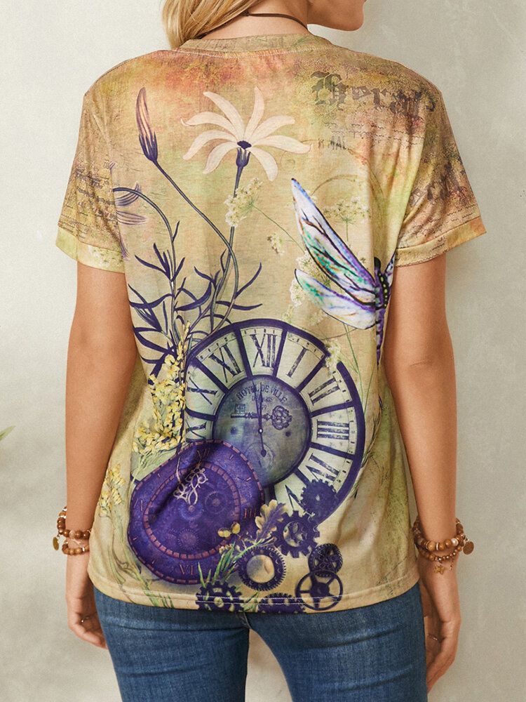 Clock Dragonfly Print Kurzarm O-ausschnitt Casual Vintage T-shirt Für Frauen