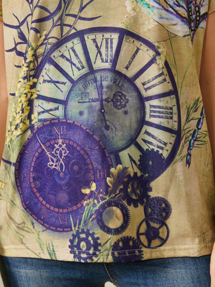 Clock Dragonfly Print Kurzarm O-ausschnitt Casual Vintage T-shirt Für Frauen