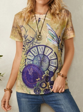 Clock Dragonfly Print Kurzarm O-ausschnitt Casual Vintage T-shirt Für Frauen