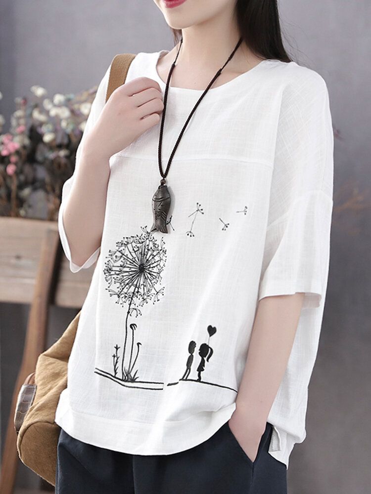 Cotton Flower Printed Rundhals Künstlerisches Dünnes T-shirt Für Frauen