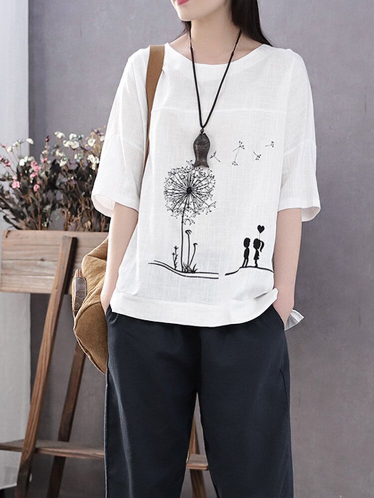 Cotton Flower Printed Rundhals Künstlerisches Dünnes T-shirt Für Frauen