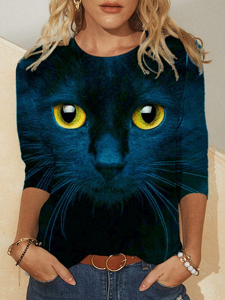 Damen 3d Cat Print Langarm Design T-shirts