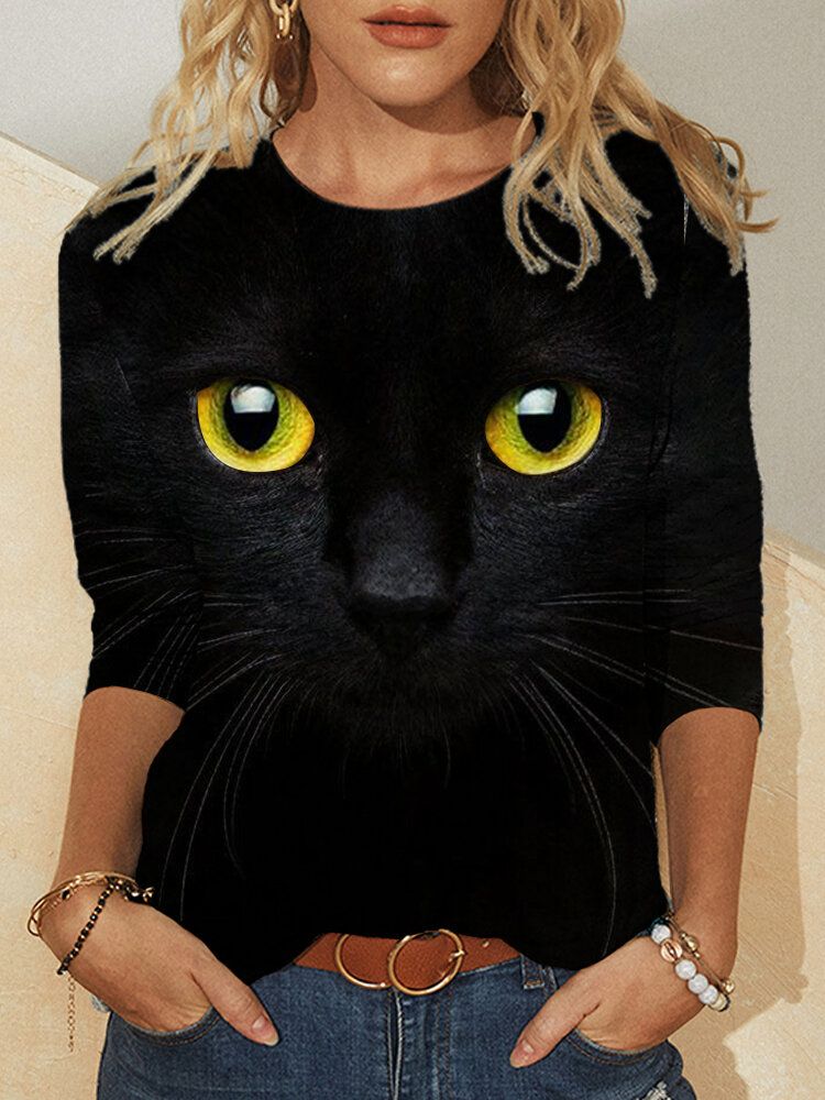 Damen 3d Cat Print Langarm Design T-shirts