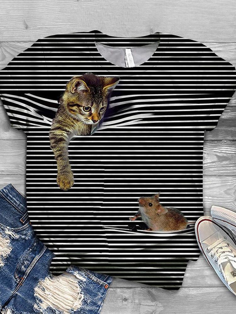 Damen 3d Katze Tier Nadelstreifen Print O-ausschnitt Casual Kurzarm T-shirts