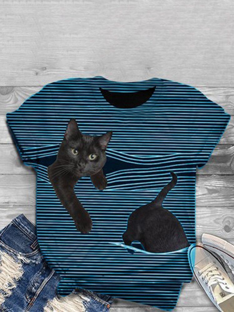 Damen 3d Katze Tier Nadelstreifen Print O-ausschnitt Casual Kurzarm T-shirts