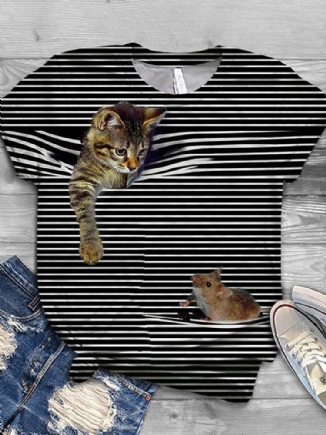 Damen 3d Katze Tier Nadelstreifen Print O-ausschnitt Casual Kurzarm T-shirts