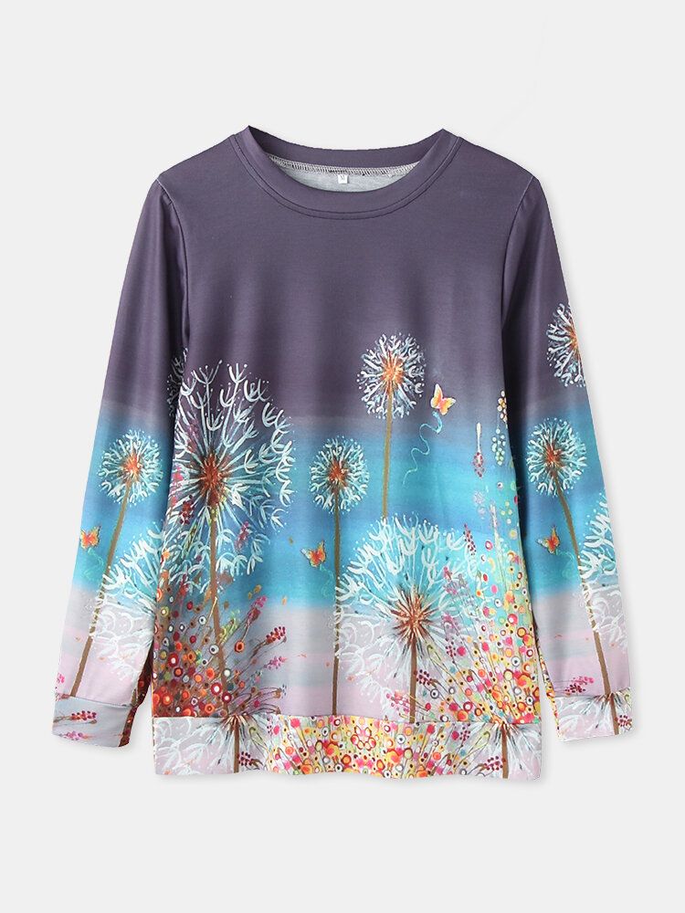 Damen Blumen Bedrucktes Ombre Langarm O-ausschnitt Daily T-shirt