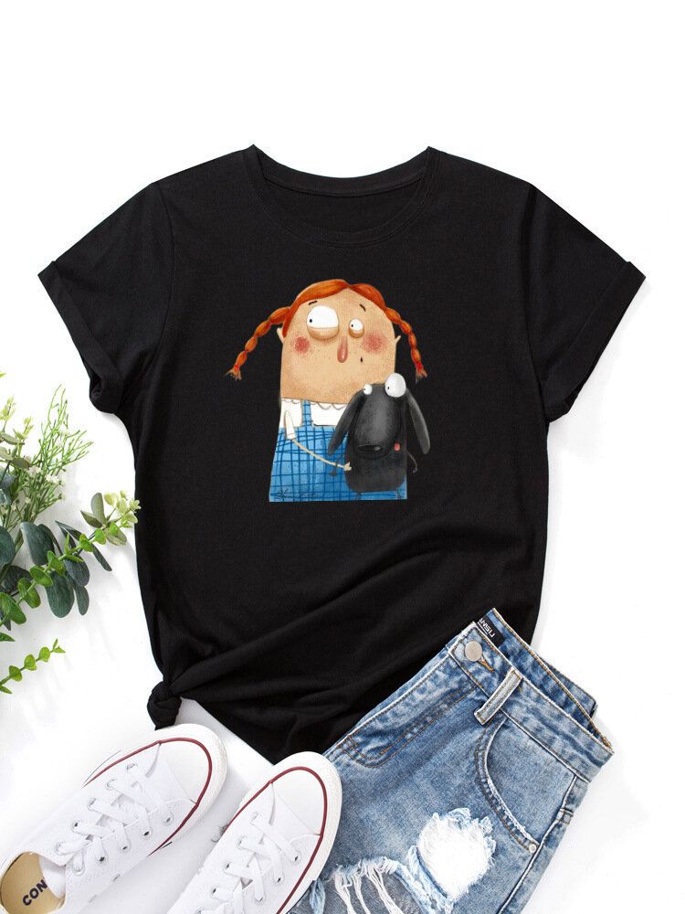 Damen Cartoon Figur Tier Grafik Rundhals Casual Kurzarm T-shirts