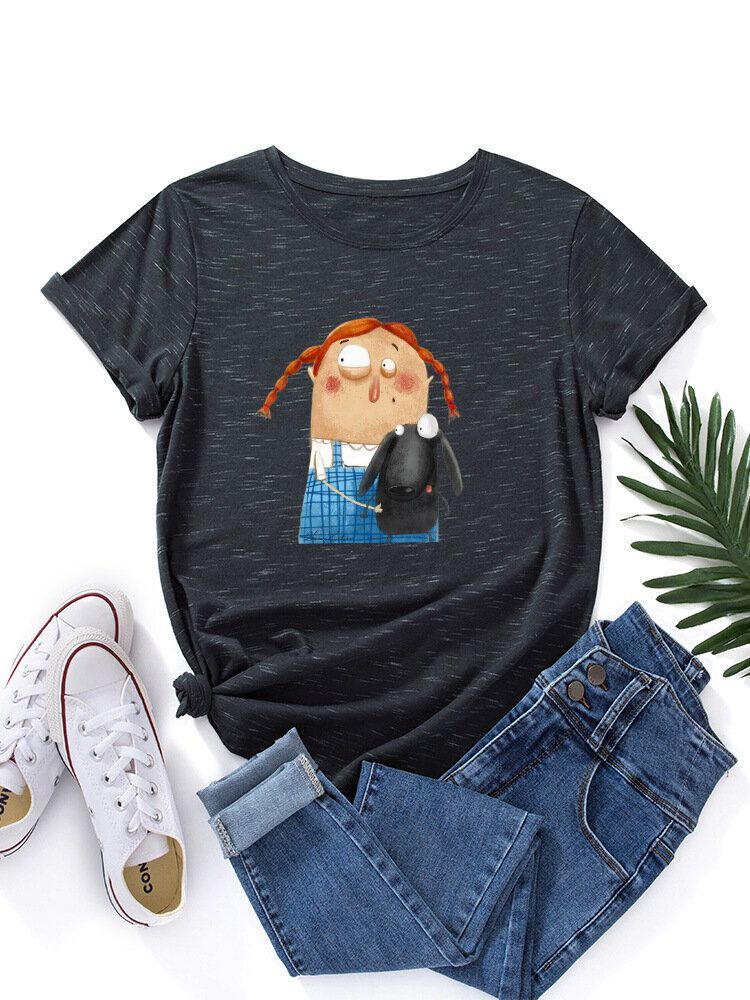 Damen Cartoon Figur Tier Grafik Rundhals Casual Kurzarm T-shirts