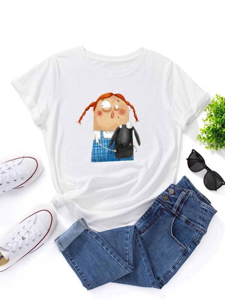 Damen Cartoon Figur Tier Grafik Rundhals Casual Kurzarm T-shirts