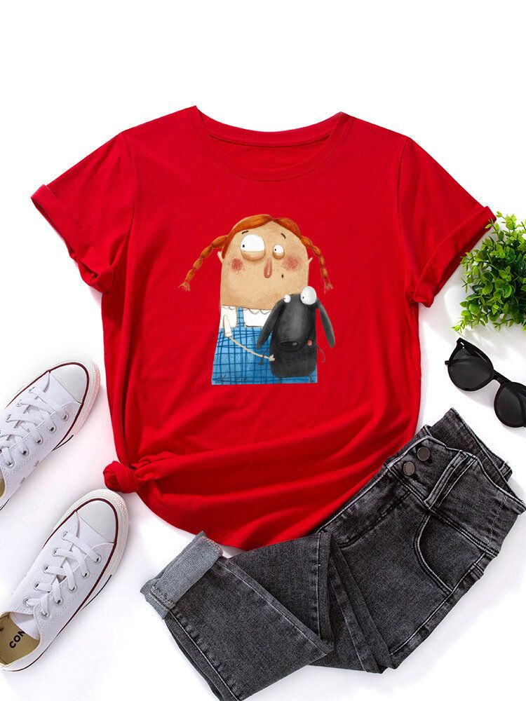 Damen Cartoon Figur Tier Grafik Rundhals Casual Kurzarm T-shirts