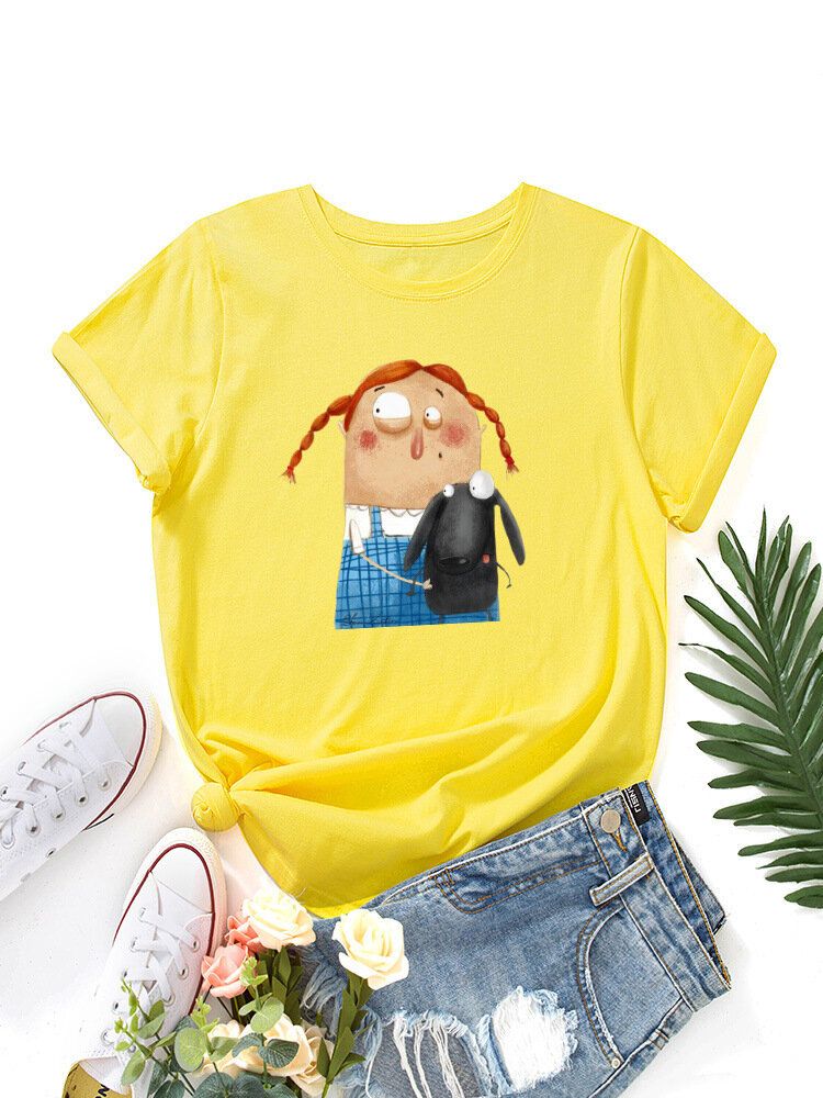 Damen Cartoon Figur Tier Grafik Rundhals Casual Kurzarm T-shirts