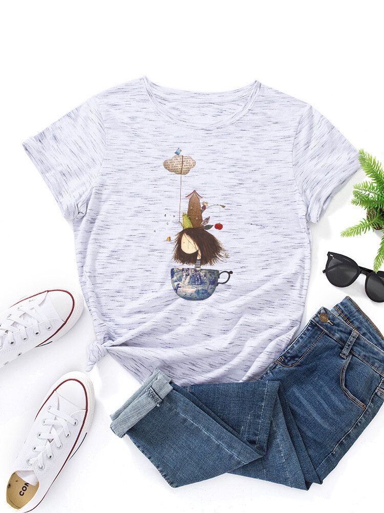 Damen Cartoon Girl Print Mehrfarbiges Kurzarm-t-shirt Mit O-ausschnitt