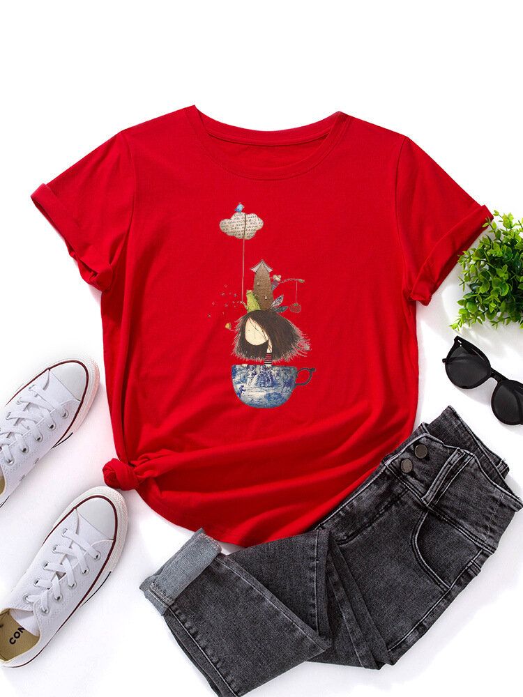 Damen Cartoon Girl Print Mehrfarbiges Kurzarm-t-shirt Mit O-ausschnitt