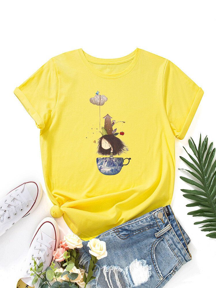 Damen Cartoon Girl Print Mehrfarbiges Kurzarm-t-shirt Mit O-ausschnitt