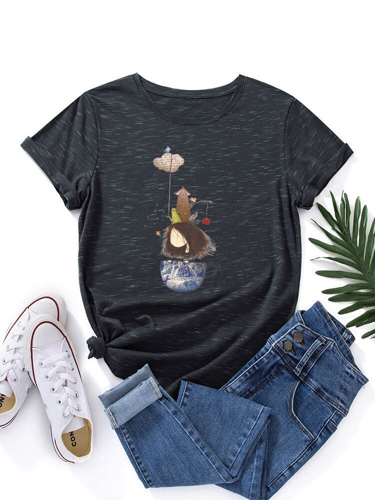 Damen Cartoon Girl Print Mehrfarbiges Kurzarm-t-shirt Mit O-ausschnitt