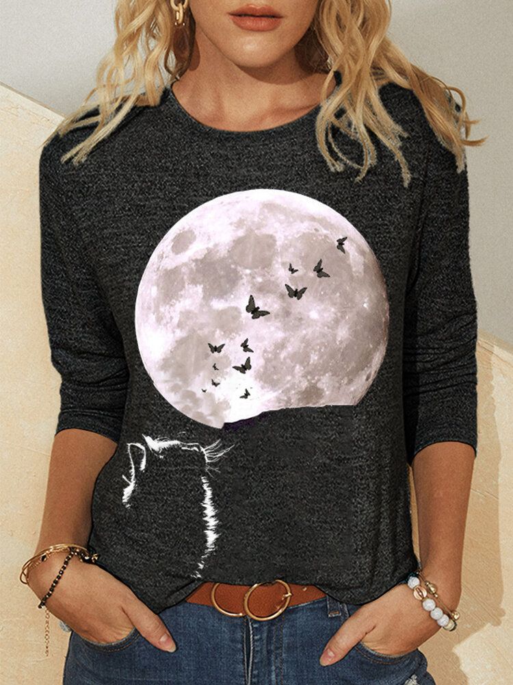 Damen Cat Moon Grafik Bedrucktes Langarm-o-ausschnitt Casual T-shirt