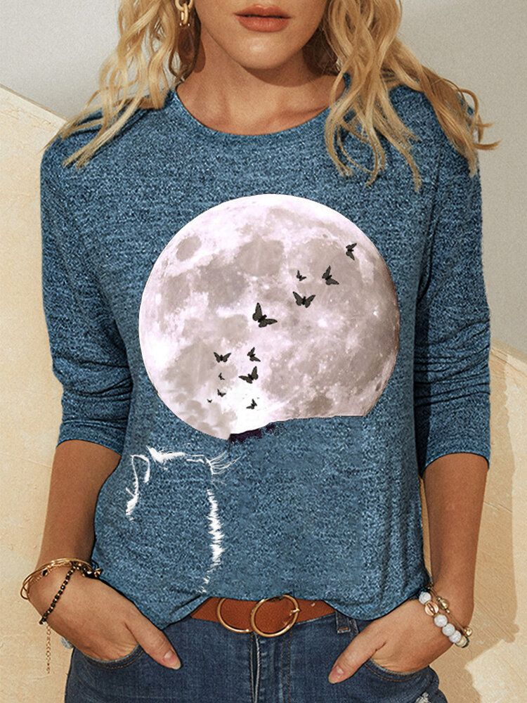 Damen Cat Moon Grafik Bedrucktes Langarm-o-ausschnitt Casual T-shirt