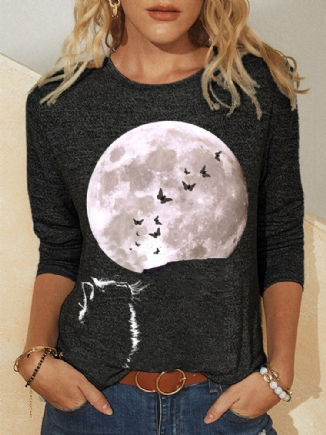 Damen Cat Moon Grafik Bedrucktes Langarm-o-ausschnitt Casual T-shirt