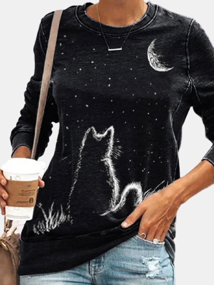 Damen Cat Moon Print Langarm O-ausschnitt Casual Pullover T-shirt