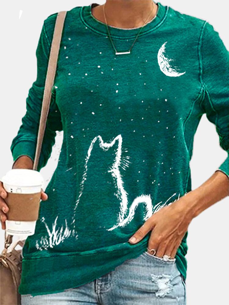 Damen Cat Moon Print Langarm O-ausschnitt Casual Pullover T-shirt