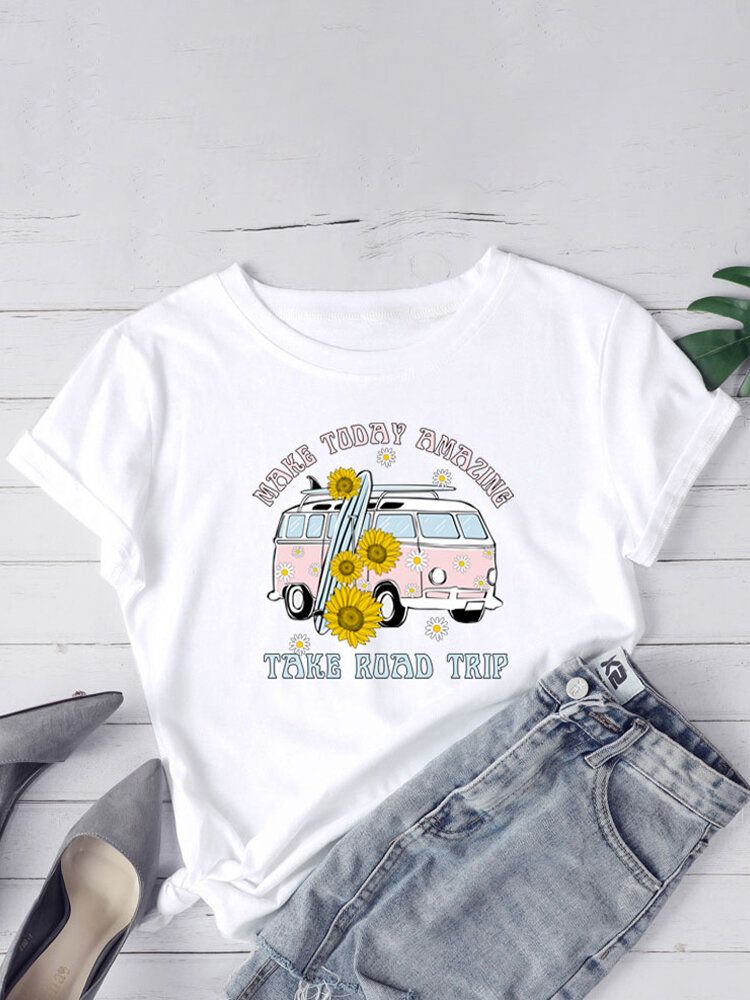 Damen Daisy Car Slogan Print Lässige Kurzarm-t-shirts Mit O-ausschnitt