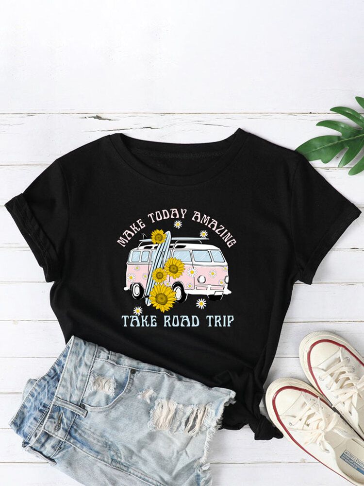 Damen Daisy Car Slogan Print Lässige Kurzarm-t-shirts Mit O-ausschnitt