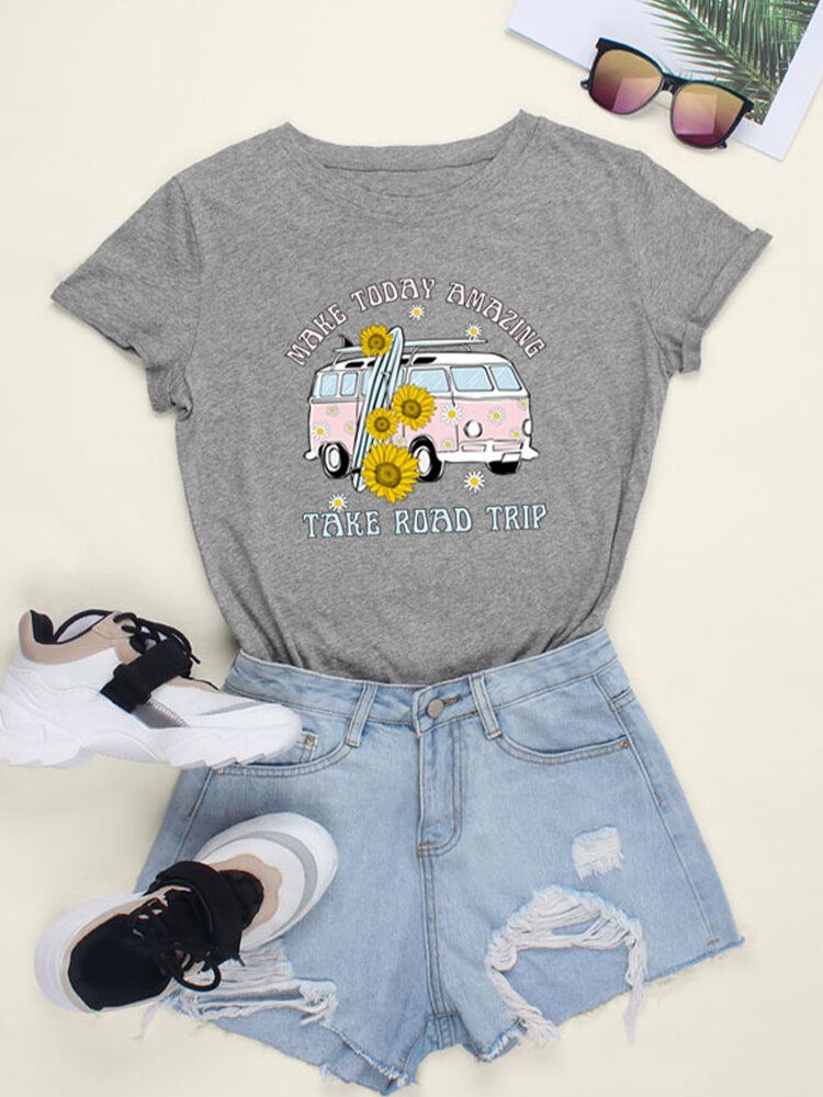 Damen Daisy Car Slogan Print Lässige Kurzarm-t-shirts Mit O-ausschnitt