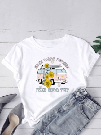 Damen Daisy Car Slogan Print Lässige Kurzarm-t-shirts Mit O-ausschnitt