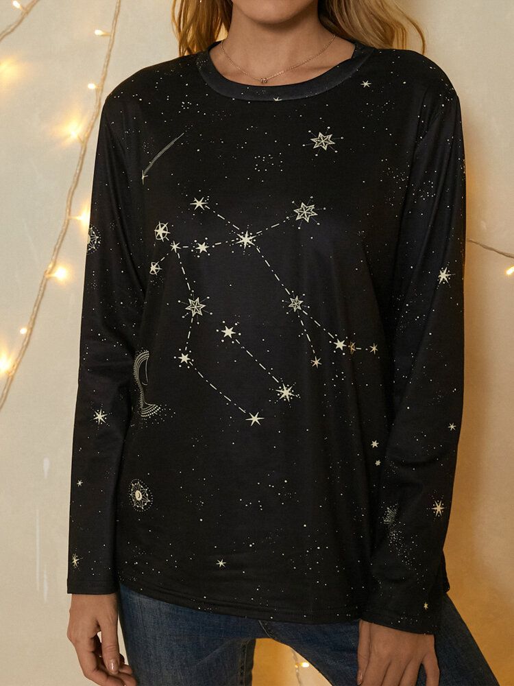 Damen Gemini Print Stars Moon O-ausschnitt Langarm Casual T-shirt