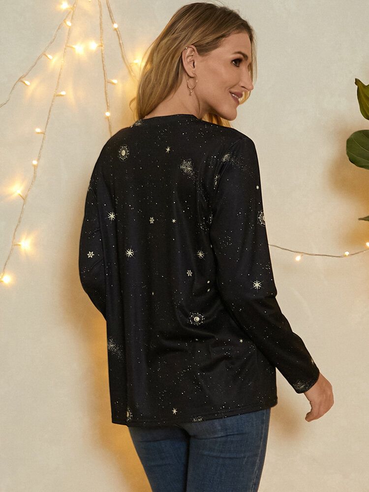 Damen Gemini Print Stars Moon O-ausschnitt Langarm Casual T-shirt