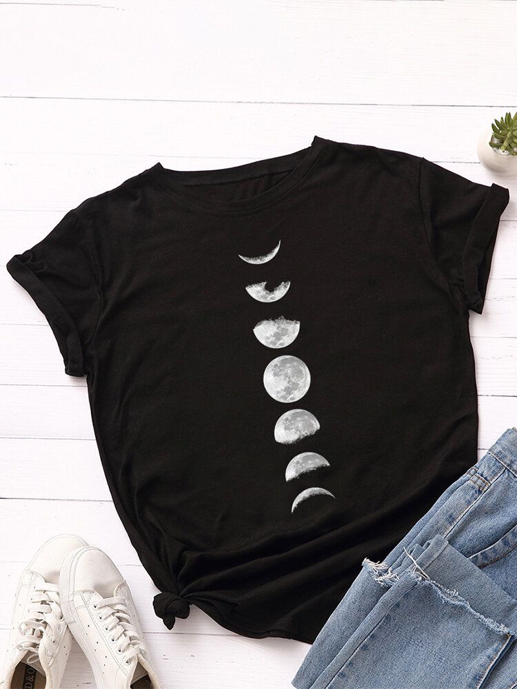 Damen Lunar Eclipse Graphic Print Mehrfarbiges Kurzarm-tages-t-shirt Mit O-ausschnitt