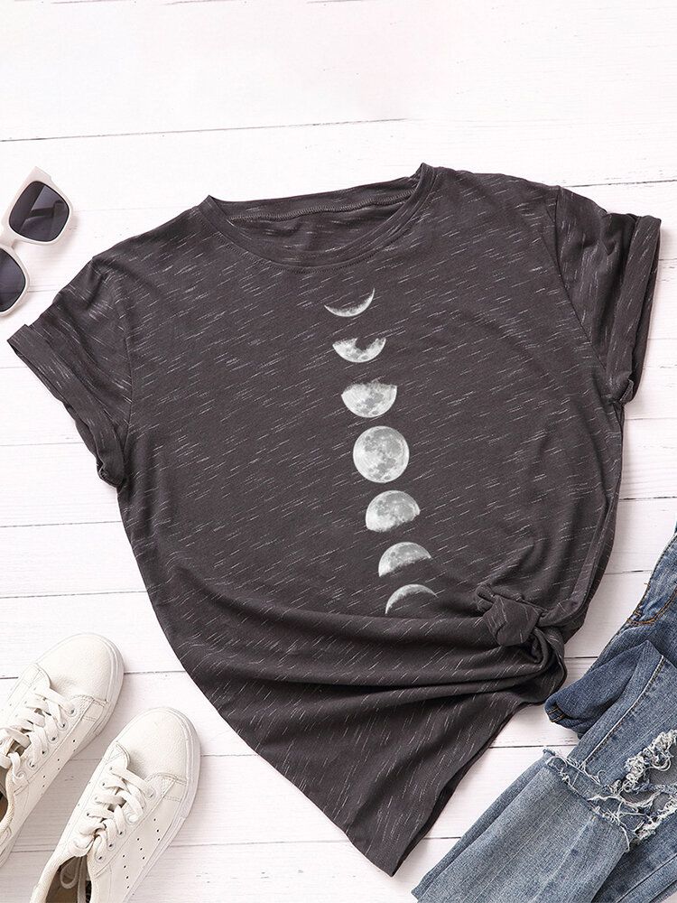 Damen Lunar Eclipse Graphic Print Mehrfarbiges Kurzarm-tages-t-shirt Mit O-ausschnitt