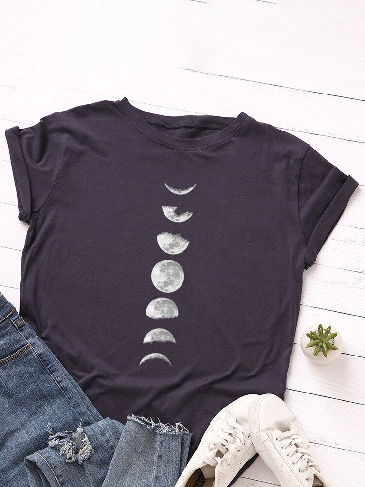 Damen Lunar Eclipse Graphic Print Mehrfarbiges Kurzarm-tages-t-shirt Mit O-ausschnitt