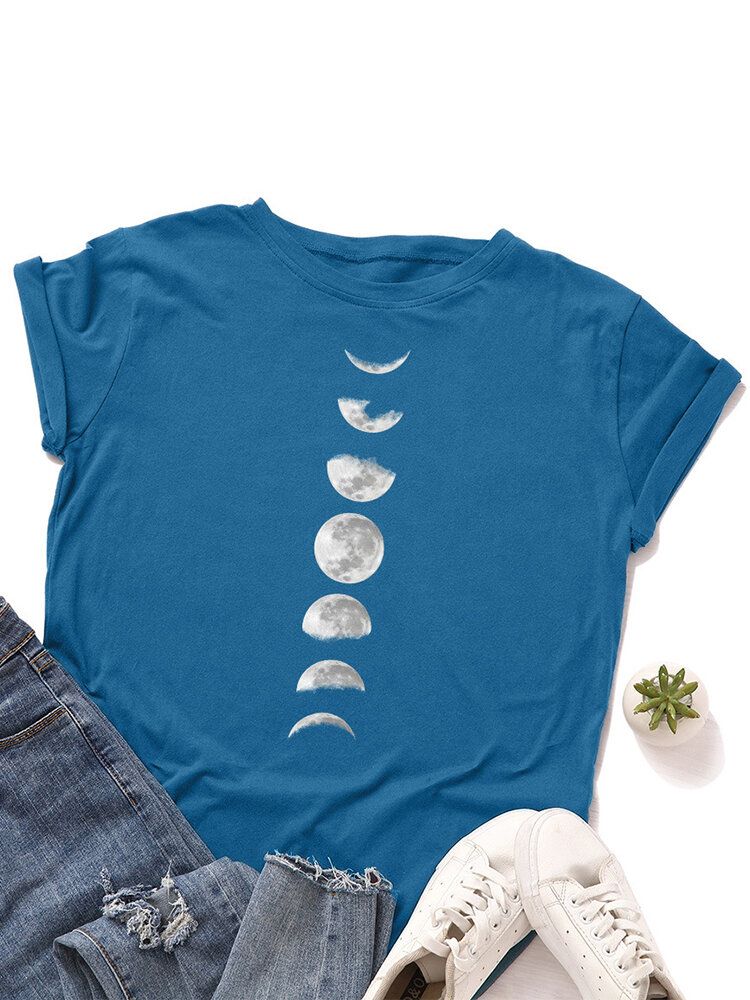 Damen Lunar Eclipse Graphic Print Mehrfarbiges Kurzarm-tages-t-shirt Mit O-ausschnitt